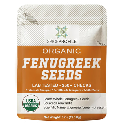 Spice Profile USDA Organic Fenugreek Seeds, Lab Tested for Heavy Metals, Resealable 8 oz Pouch, Methi, Semillas de Fenogreco