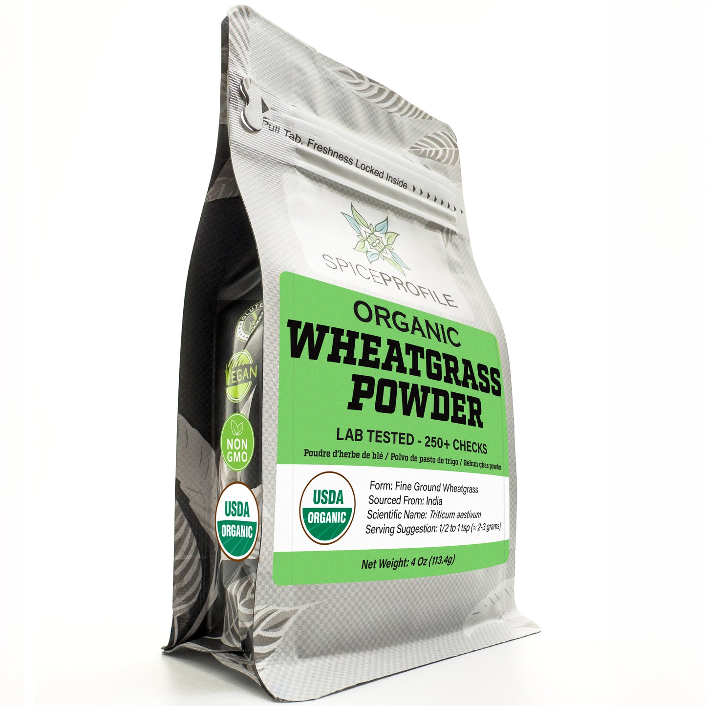 Spice Profile USDA Organic Wheatgrass Powder, Lab Tested for Heavy Metals, Resealable 4oz Pouch, Gehun Ka Ghas, Hierba de Trigo