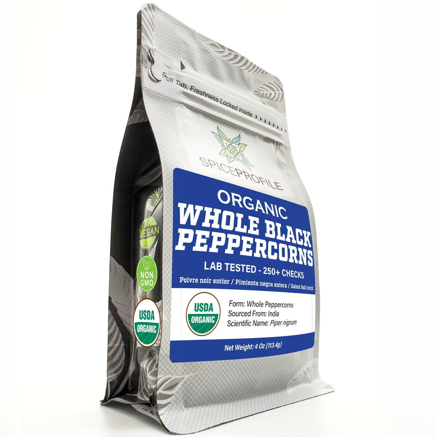 Spice Profile USDA Organic Black Peppercorns Whole, Lab Tested for Heavy Metals, Resealable 4oz Pouch, Kali Mirch, Pimienta Negra en Granos