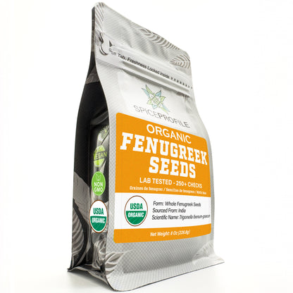 Spice Profile USDA Organic Fenugreek Seeds, Lab Tested for Heavy Metals, Resealable 8 oz Pouch, Methi, Semillas de Fenogreco