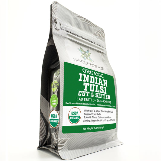 Spice Profile USDA Organic Indian Tulsi/Holy Basil Cut & Sifted, 2 oz, Lab Tested for Heavy Metals, Ocimum sanctum, Albahaca Sagrada